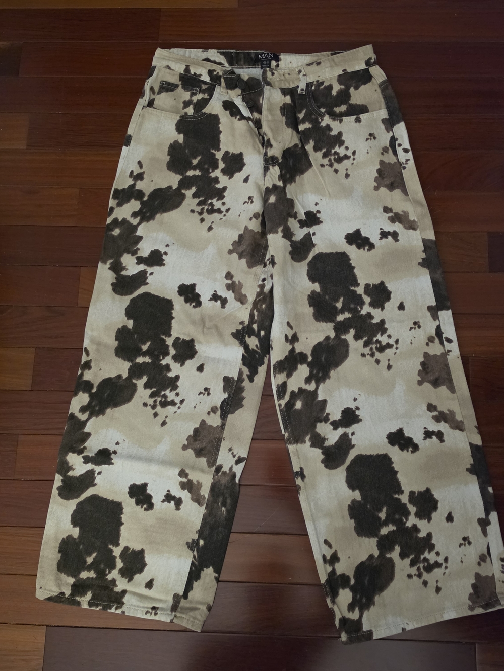 Men's Wide-Leg Cow Print Pants - Beige & Dark Brown